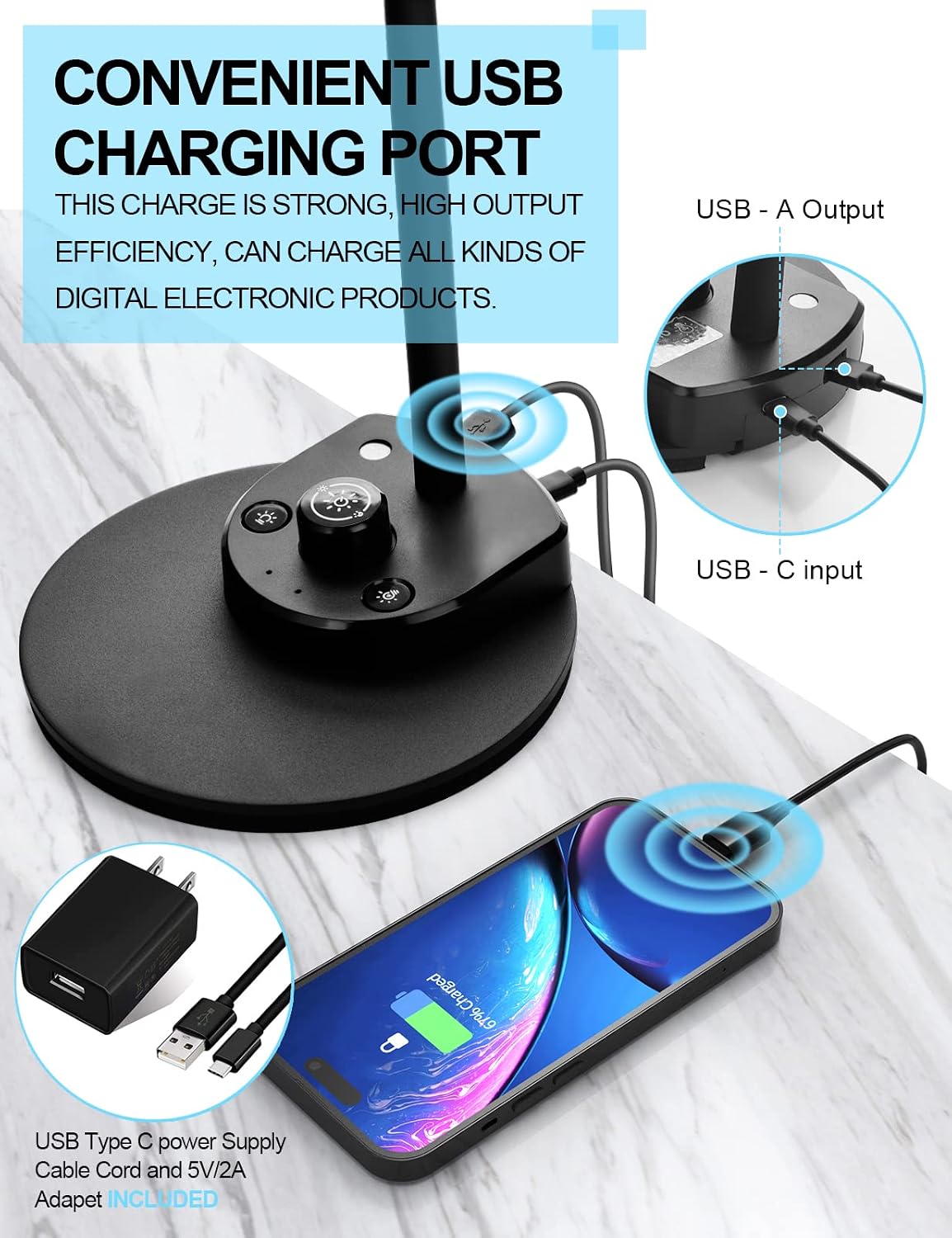 BOHON LED Desk Lamp with USB Charging Port 3 Color Modes Dimmable, Black