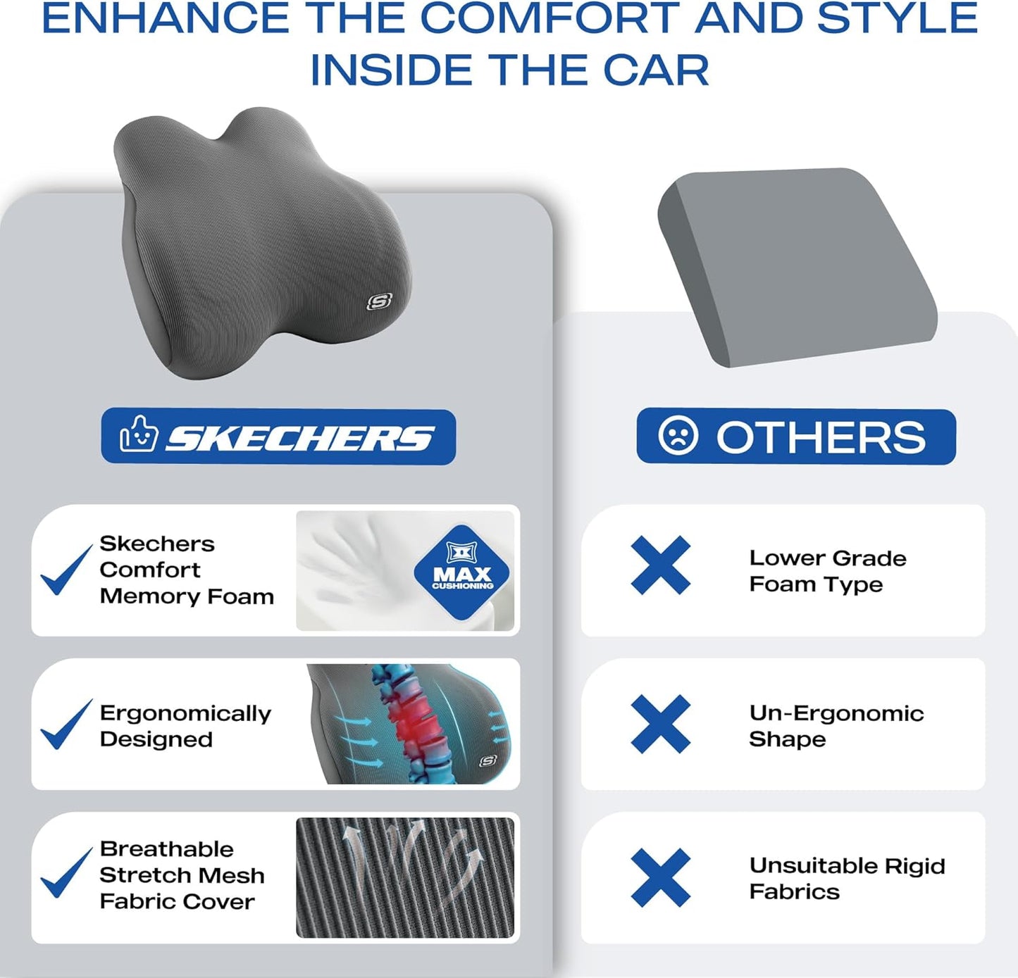 Skechers Memory Foam Lumbar Pillow,Lumbar Support Pillow for Office, Chair Lower Back Pain Relief Lumbar Pillow, Ergonomic Design Back Support Pillow for Office Chair, Car, Home, Travel,Black