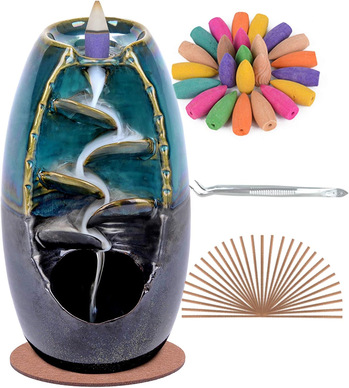 SPACEKEEPER Ceramic Backflow Incense Holder Waterfall Incense Burner, Blue