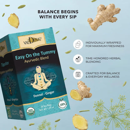 Valdena Bio Organic Digestive Herbal Tea Fennel Ginger Peppermint Licorice & Cardamom Caffeine Free Kosher USDA & EU Organic 20 Individually Wrapped Tea Bags