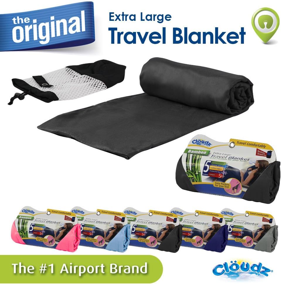 Cloudz Extra Large Airplane Travel Blanket for Your Flight, Car, Camping, Home or Comforting Warmth Anywhere! Includes Warm Cozy Pockets for Your Feet and a Travel Bag - Charcoal