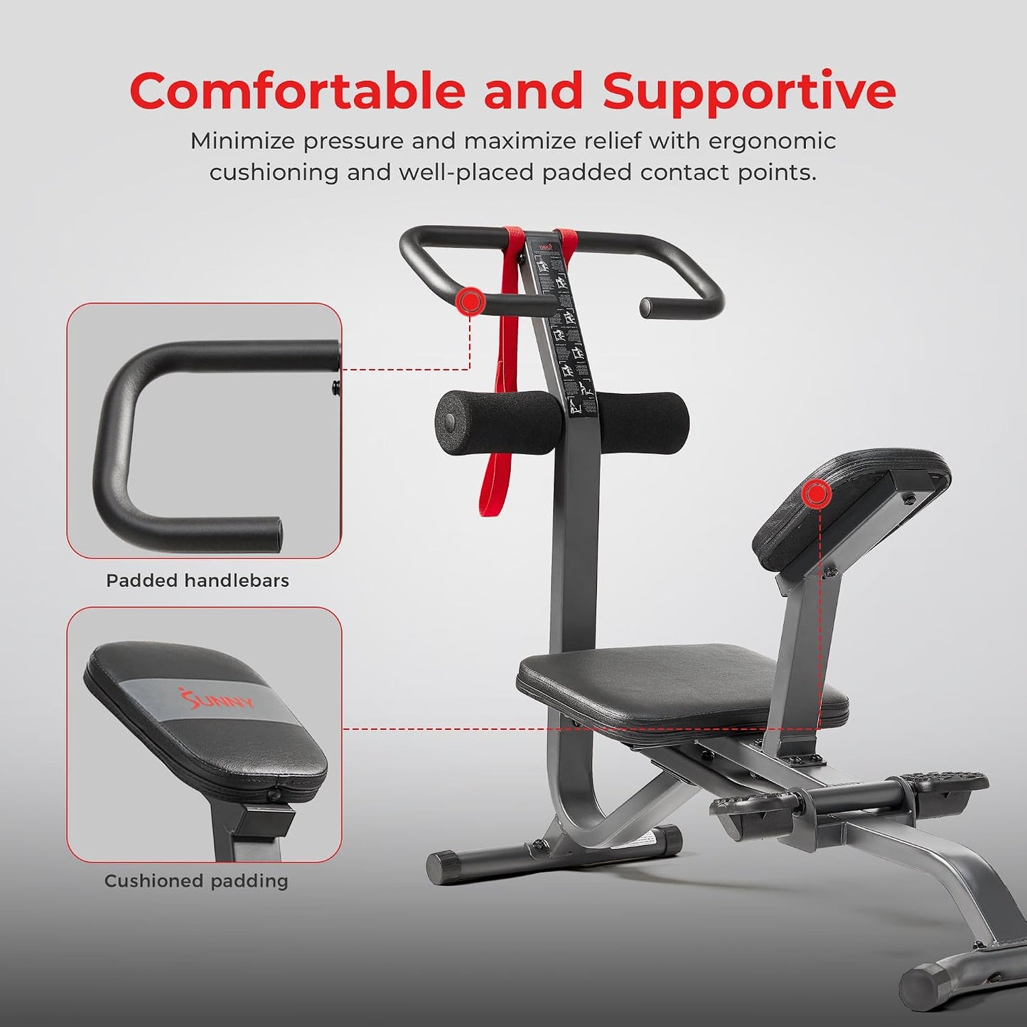Sunny Health & Fitness Full Body Stretch Machine for Home Gym, Back Stretcher & Flexibility Trainer with Pivoting Seat, Foam Rollers, Safety Straps, Handlebar & SunnyFit App