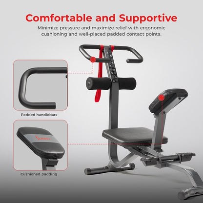 Sunny Health & Fitness Full Body Stretch Machine for Home Gym, Back Stretcher & Flexibility Trainer with Pivoting Seat, Foam Rollers, Safety Straps, Handlebar & SunnyFit App