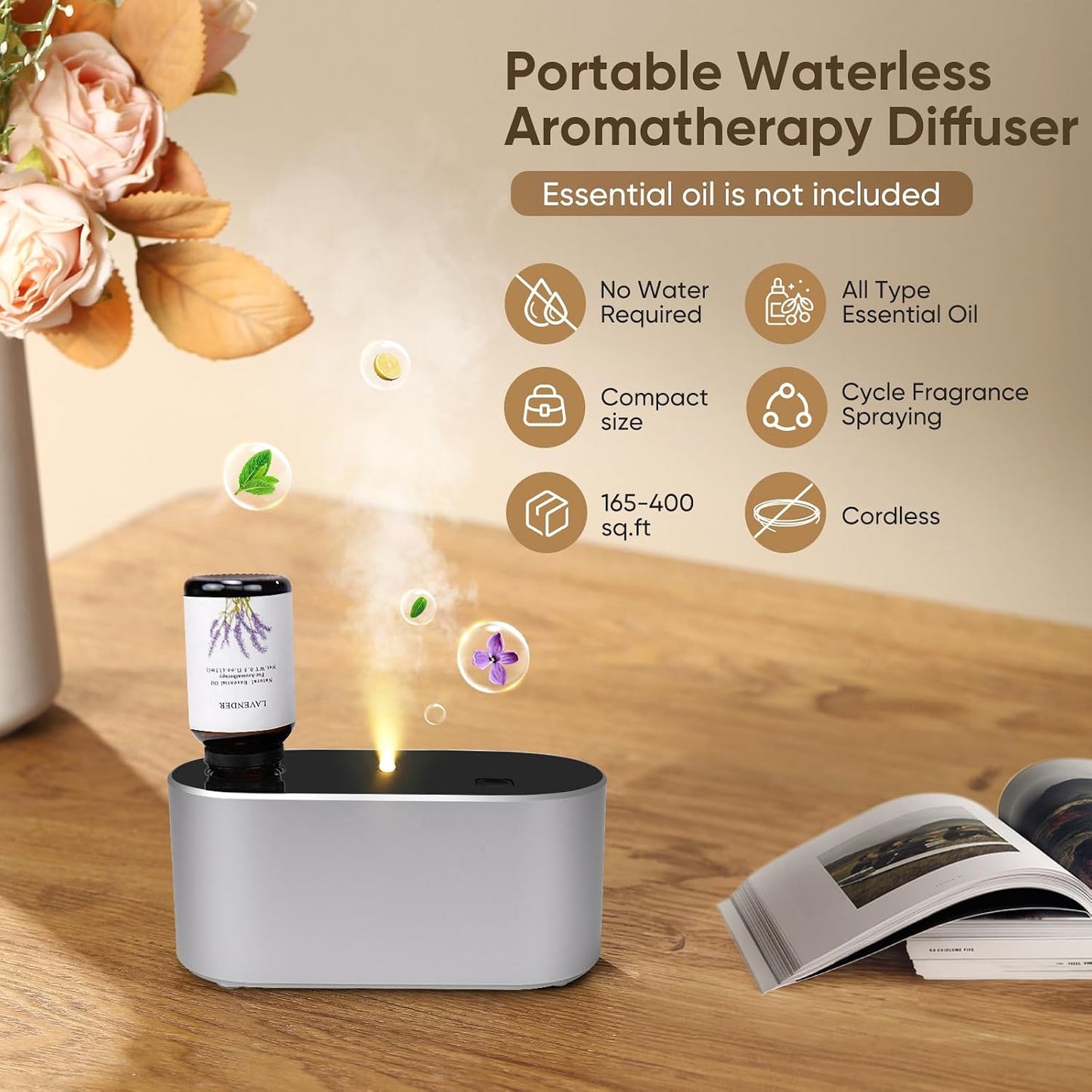 Waterless Diffuser for Home Essential Oil Diffuser, Aromatherapy Diffuser, Portable Scent Diffusers, 3 Mist Modes, Cycle Start for Bedroom, Office Studio 350-700 sq. ft Black