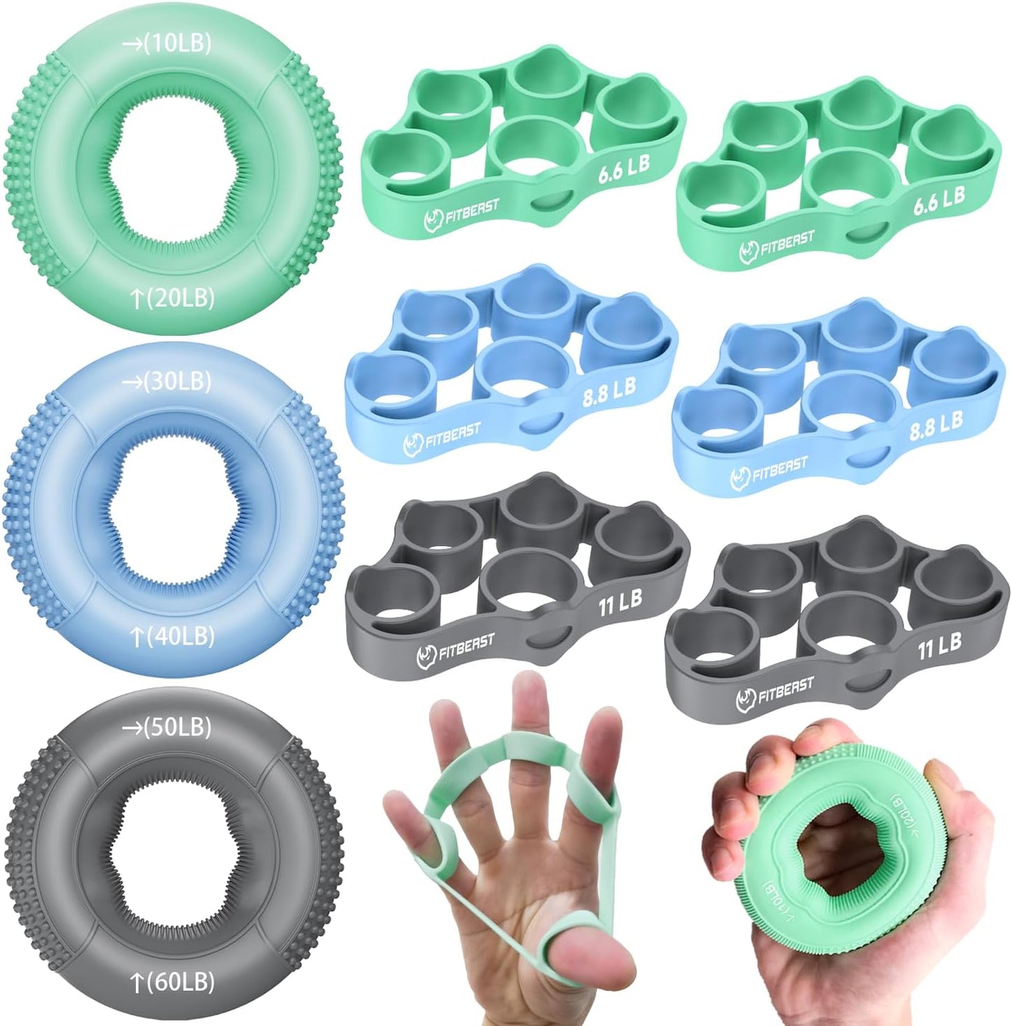 FitBeast Grip Strength Trainer, Finger Exerciser, Forearm Strengthener 9-Piece Kit, Hand Grip Strengthener Targeted Strength, Relief & Recovery