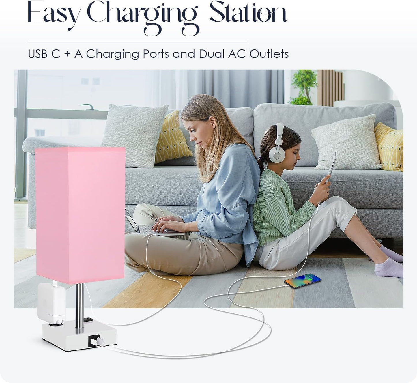 Bedside Table Lamp for Bedroom - Touch Small Lamp with USB C+A Charging Ports & AC Outlets, 3 Way Dimmable Nightstand Light for Living Room (LED Bulb Included, Grey)