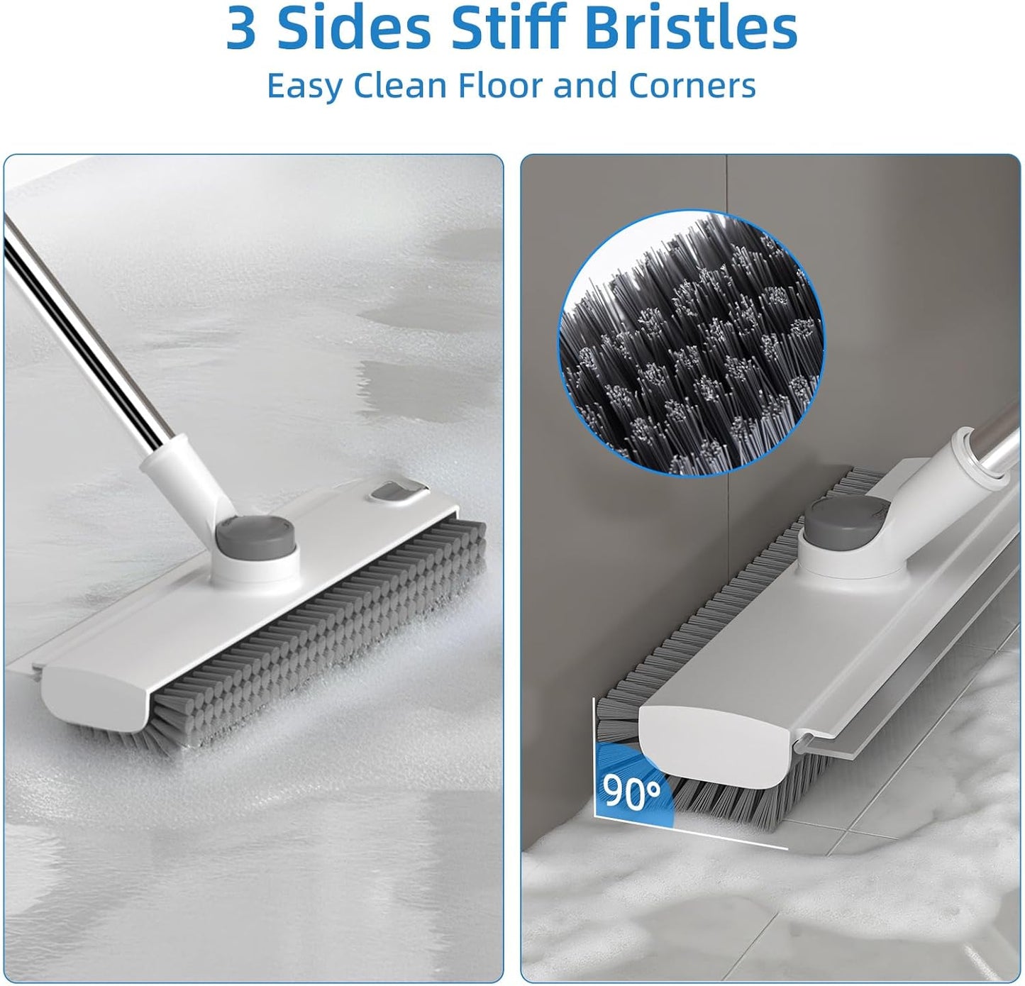 Scrub Brush with Long Handle, Floor Scrub Brush Squeegee Broom for Cleaning, 3 in 1 Shower Scrubber Floor Broom Squeegee for Concrete Tile Wall Deck Patio Grey
