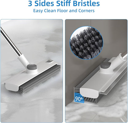 Scrub Brush with Long Handle, Floor Scrub Brush Squeegee Broom for Cleaning, 3 in 1 Shower Scrubber Floor Broom Squeegee for Concrete Tile Wall Deck Patio Grey