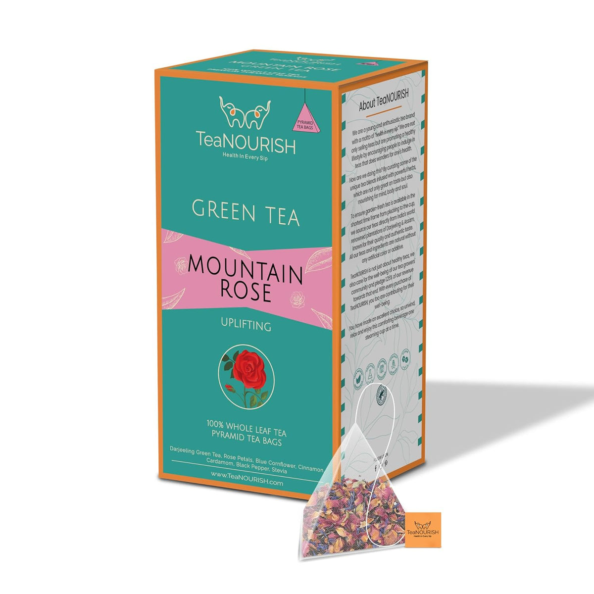 TeaNOURISH Mountain Rose Green Tea | 20 Count Pyramid Tea Bags | Whole Leaf Tea | Blended with Rose Petals, Blue Cornflower & Cinnamon | 100% NATURAL INGREDIENTS