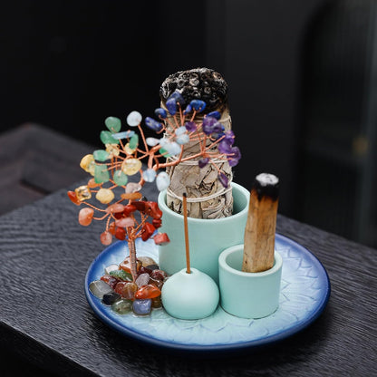 5 in 1 Incense Burner Holder with Crystal Healing Tree, Palo Santo Holder, Sage Holder, Incense Holder for Sticks/Cones/Candles, Ceramic Tray Ash Catcher for Burning Incense, Meditation Gift