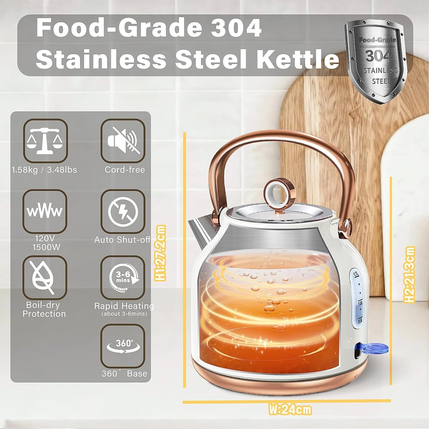 Retro Electric Kettle, 1.7L Stainless Steel Tea Kettle with Large Temperature Gauge, 1500W Fast Heating Hot Water Boiler with LED Indicator, Auto Shut-off & Boil-Dry Protection-Reteo Black