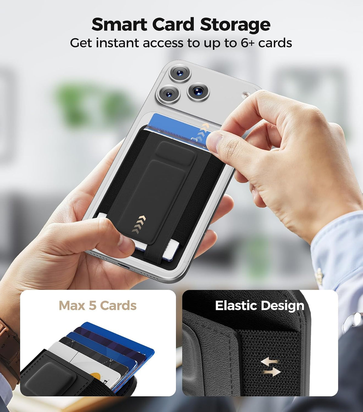 for MagSafe Wallet, Works with Apple Find My, 5-Card RFID Holder with Stand Also Grip, Strong Magnetic Wallet for iPhone 17/16/15/14/13/12 Pro Max Air Plus, Wireless Charging, Black