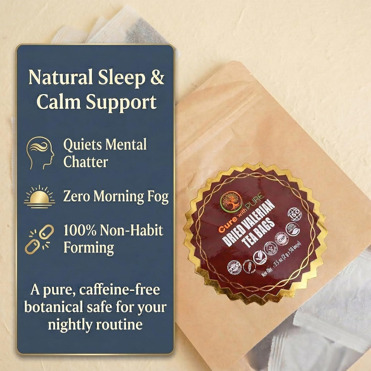 Cure Wid Pure Organic Valerian Root Tea Bags for Sleep Bleach-Free 50 Bags