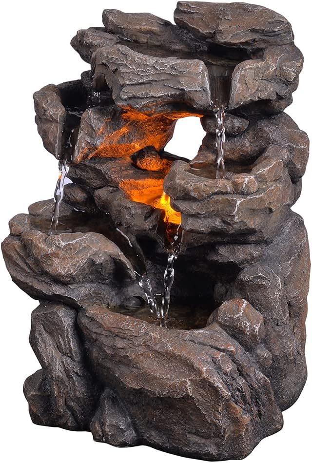 Cascading Indoor Tabletop Water Fountains with LED Light - Rockery Waterfall Fountain - Quiet and Relaxing Water Sound - Small 9.7 Inch Desktop Size - Home/Office Decor
