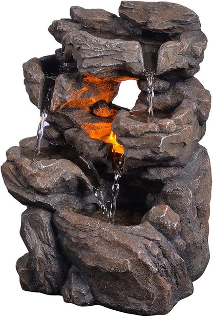 Cascading Indoor Tabletop Water Fountains with LED Light - Rockery Waterfall Fountain - Quiet and Relaxing Water Sound - Small 9.7 Inch Desktop Size - Home/Office Decor