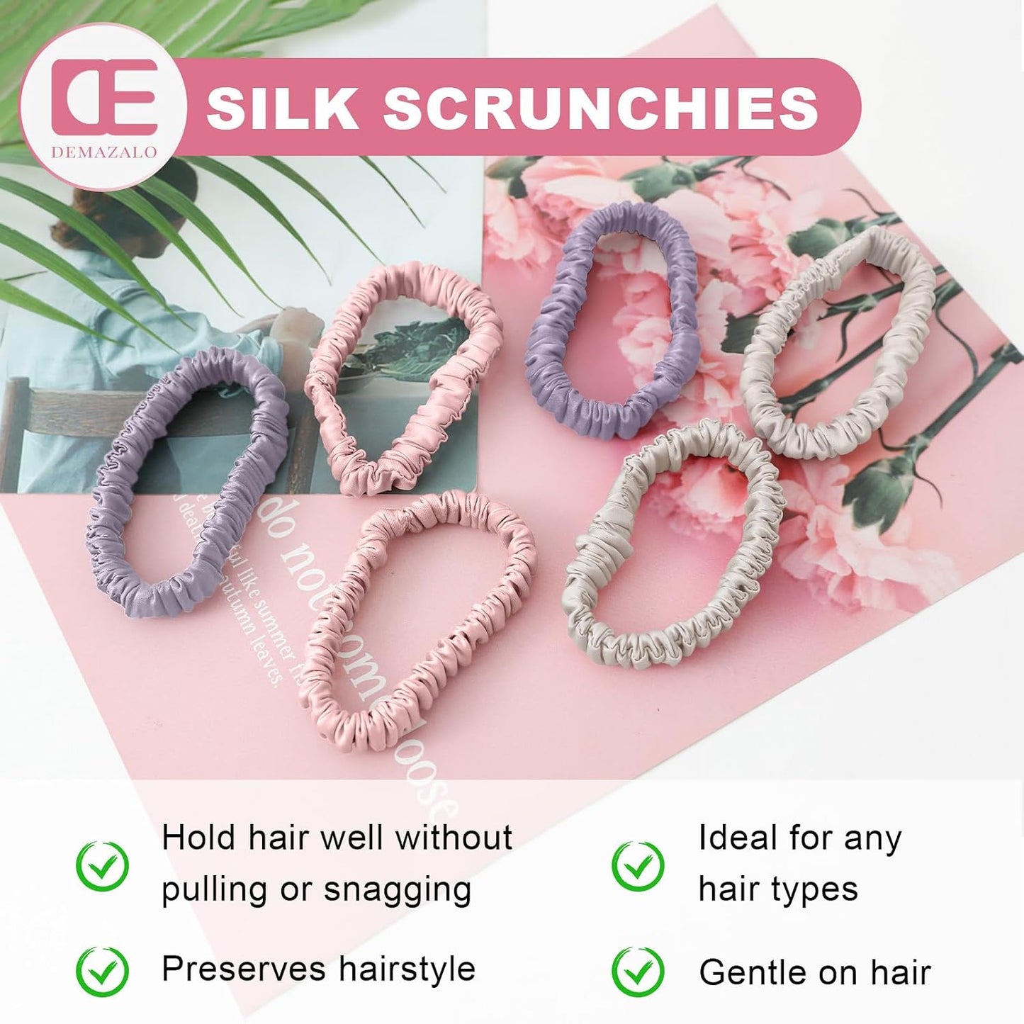 6Pcs Silk Hair Ties 100% Pure Mulberry Silk Scrunchies for Women Girls | No Hair Crease, Anti Frizz, Gentle Hold, No Damage, Black Brown Pink