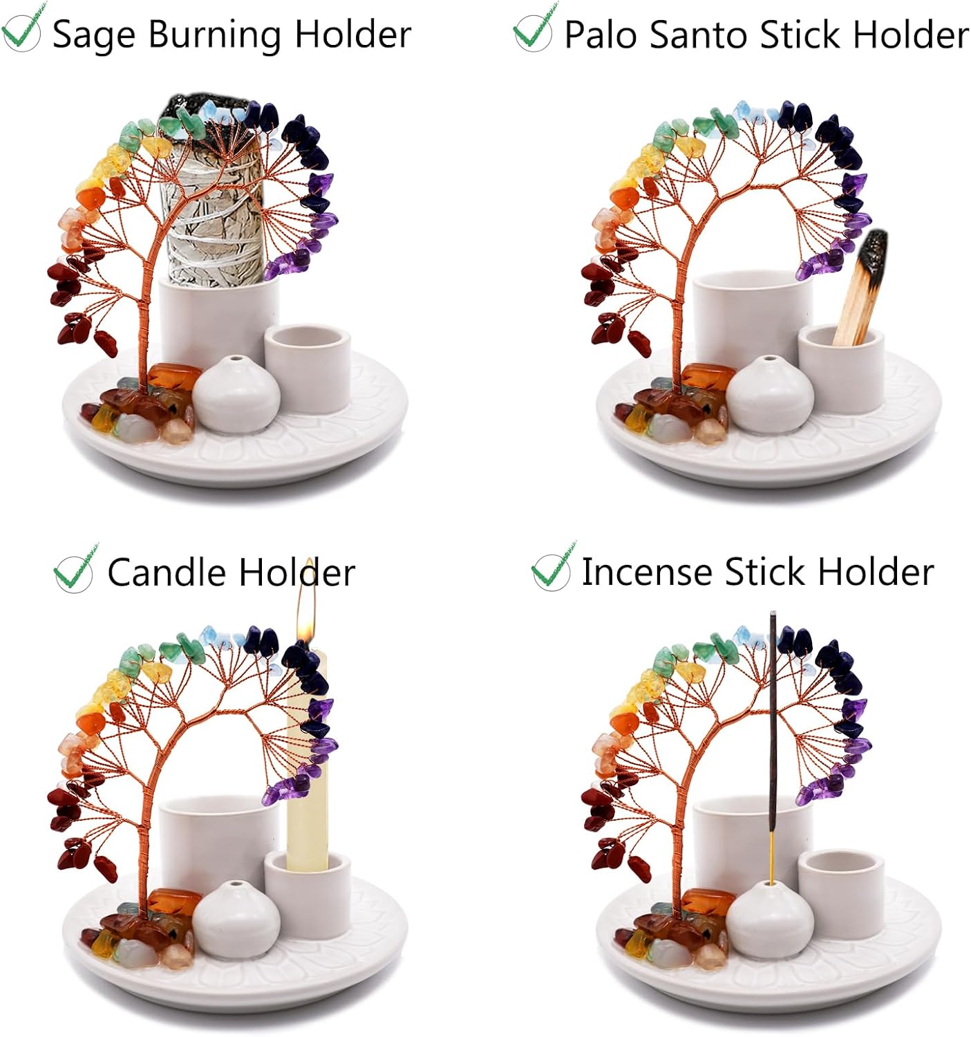 5 in 1 Incense Burner Holder with Crystal Healing Tree, Palo Santo Holder, Sage Holder, Incense Holder for Sticks/Cones/Candles, Ceramic Tray Ash Catcher for Burning Incense, Meditation Gift