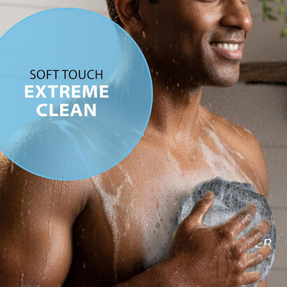 SHOWER BOUQUET Loofah-Charcoal Bath-Sponge XL-Color-4-Pack // Extra Large 75g Soft Mesh Black Luffa Loofa Loufa Puff Set/Exfoliating Body Scrubber for Women and Men - Exfoliate & Soothe Face & Body