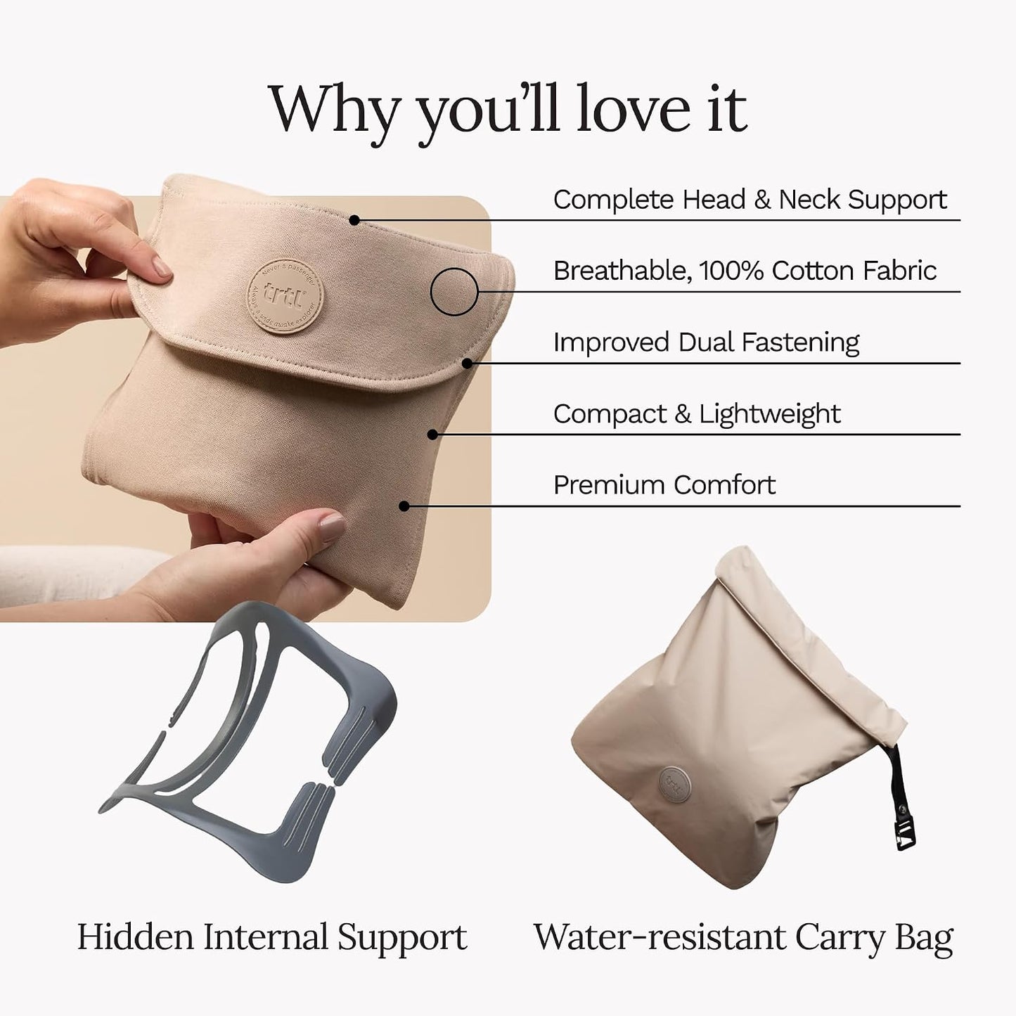 Trtl Travel Pillow Original 2.0 – Scientifically Proven Super Soft Travel Pillow with Premium Head & Neck Support – for Airplane Travel – Machine Washable – Lightweight & Compact – Sand Beige