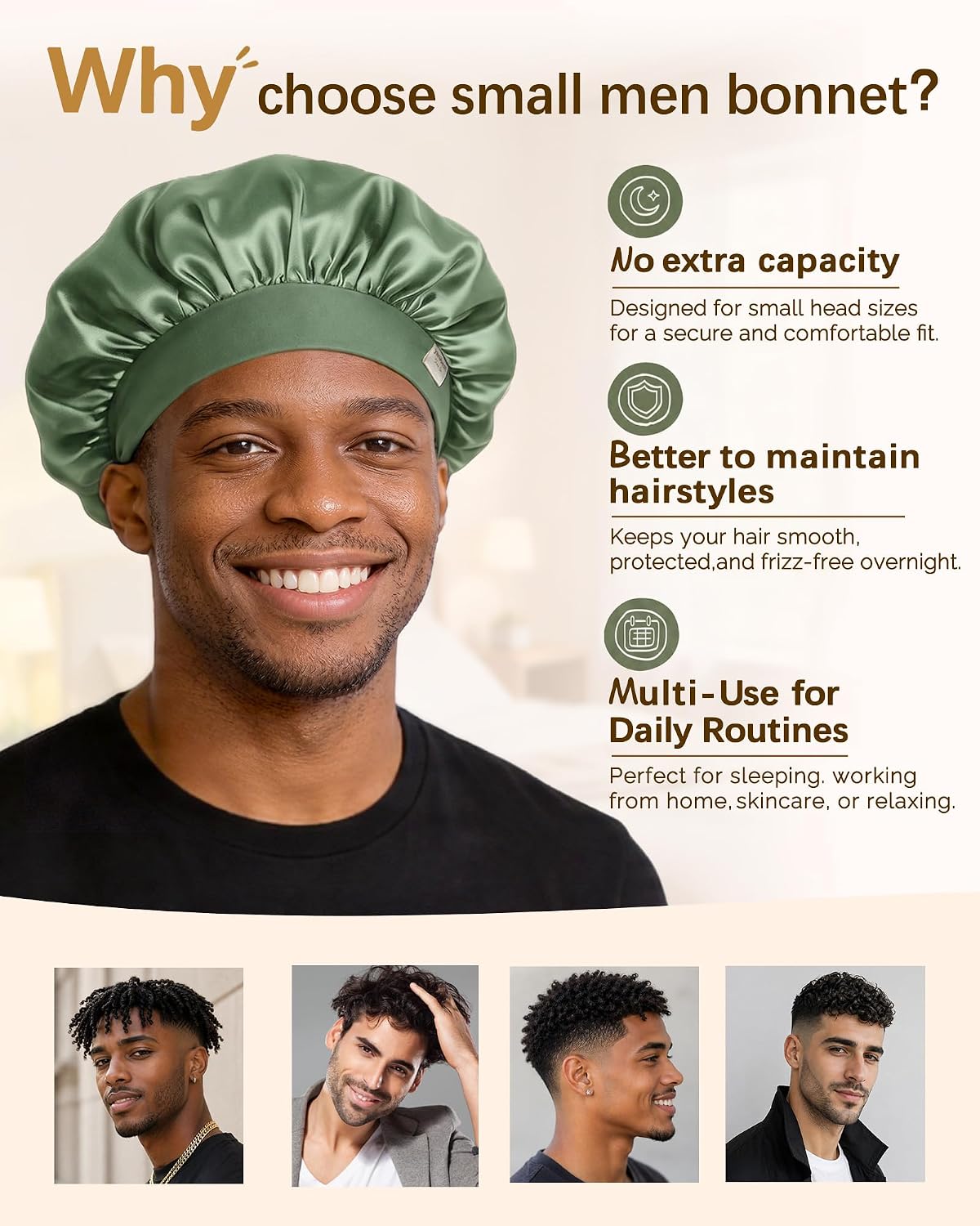 Yanibest Small Satin Bonnet for Men, Hair Bonnet for Short Hair Waves, Stay-on Night Cap, Daily Use for Sleeping Gym Outdoor, Black