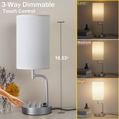 Dreamholder Touch Control USB Table Lamp, Upgraded 3-Way Dimmable Bedside Desk Lamp with USB C & A Charging Ports and AC Outlet, Nightstand Lamp for Bedroom, Dimmable 9W LED Bulb Included