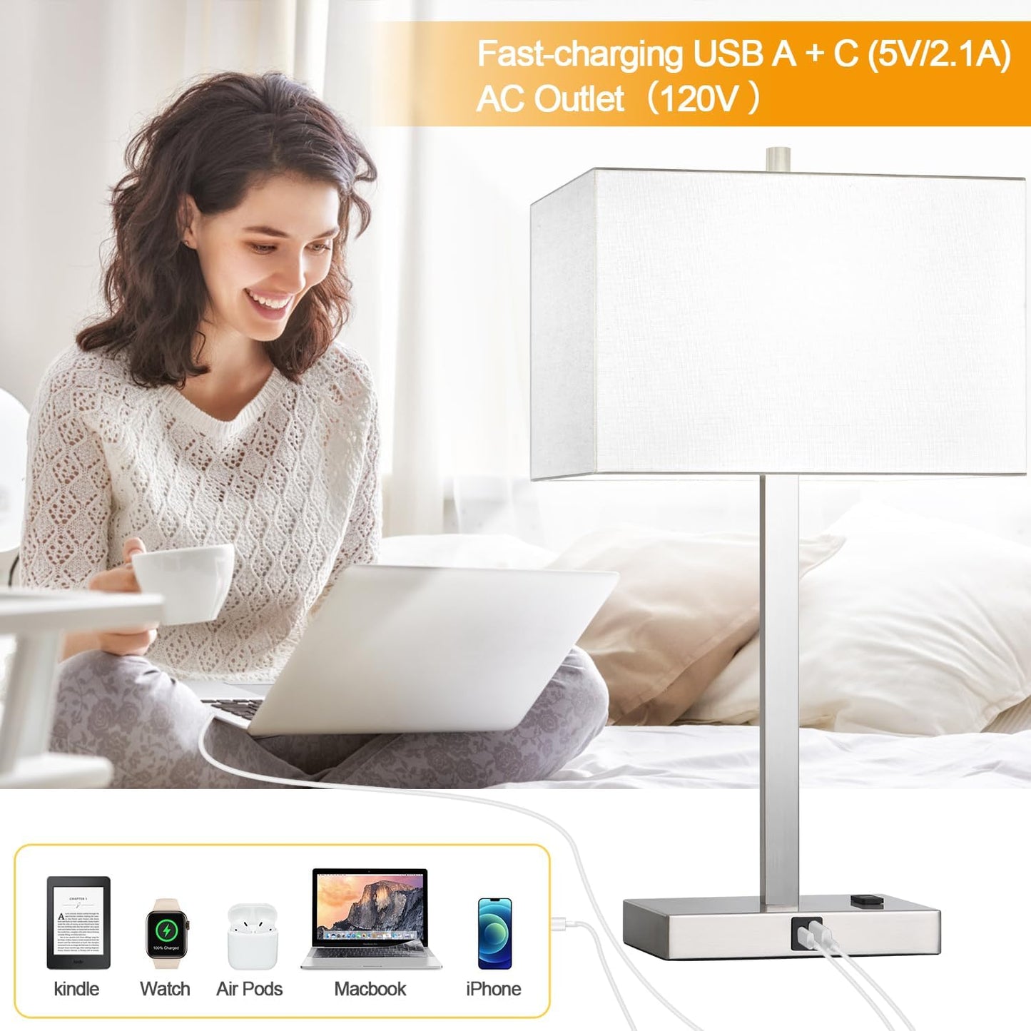 21" Touch Bedside lamps with 2 USB & AC Outlets, 3-Way Dimmable Bedside Table Lamps Set of 2 for Bedroom Living Room Office Reading, Gray Shade Lamps for Night Stands, 5000K LED Bulbs Included