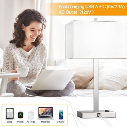 21" Touch Bedside lamps with 2 USB & AC Outlets, 3-Way Dimmable Bedside Table Lamps Set of 2 for Bedroom Living Room Office Reading, Gray Shade Lamps for Night Stands, 5000K LED Bulbs Included