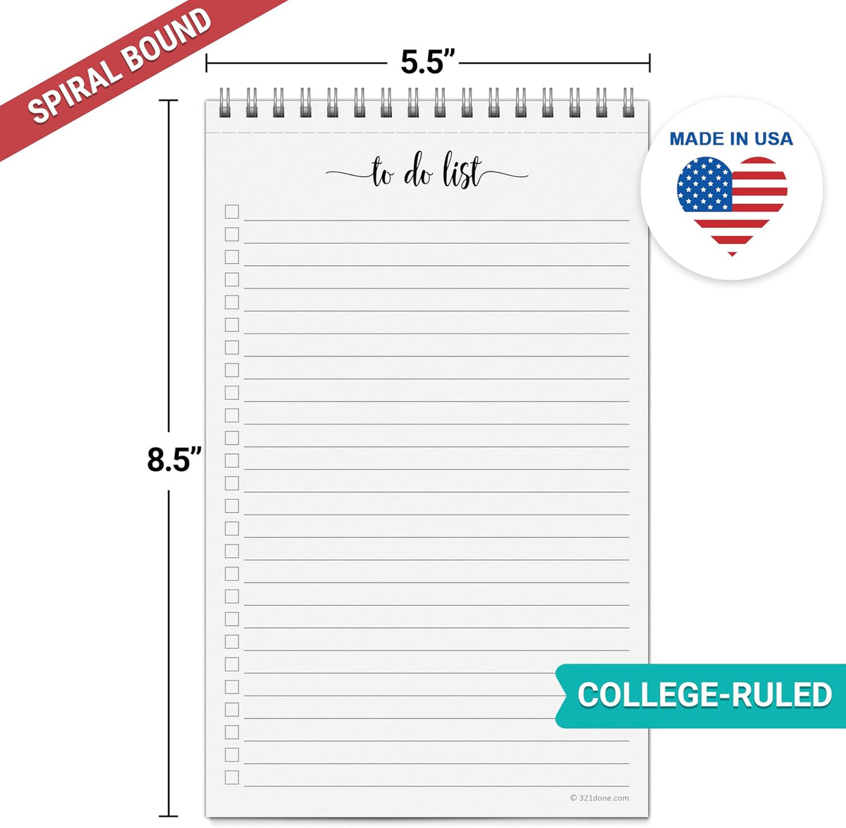 321Done To Do List Notepad, 5.5x8.5 Inches, 50 Sheets, College Ruled
