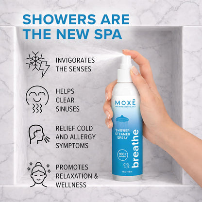MOXĒ Eucalyptus Oil Shower Mist, Spa Steam Spray, Certified Natural 100% Essential Oils, Made in USA, Aromatherapy, Sinus Congestion Relief, Tension Relief, 4 Ounces