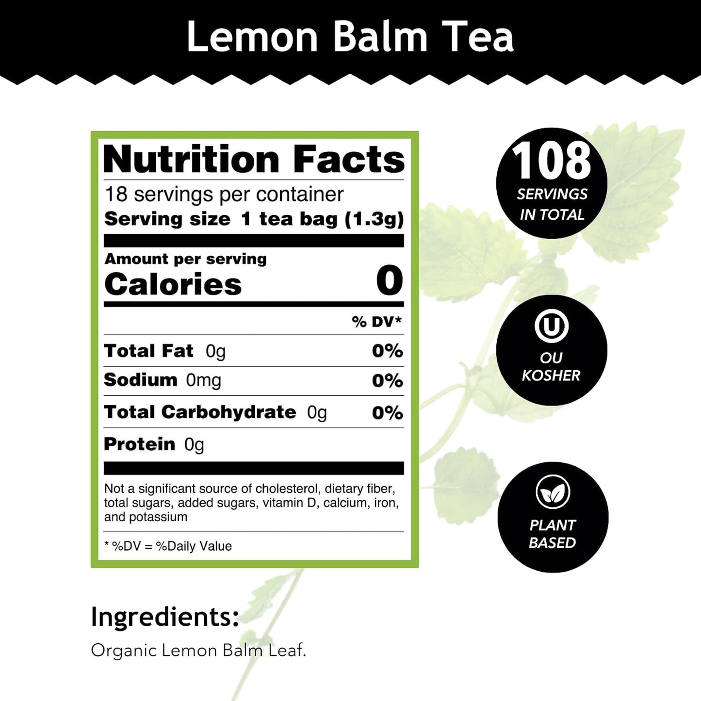 Buddha Teas Organic Lemon Balm - OU Kosher, USDA Organic, CCOF, 18 Bleach-Free Tea Bags