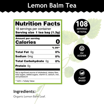 Buddha Teas Organic Lemon Balm - OU Kosher, USDA Organic, CCOF, 18 Bleach-Free Tea Bags