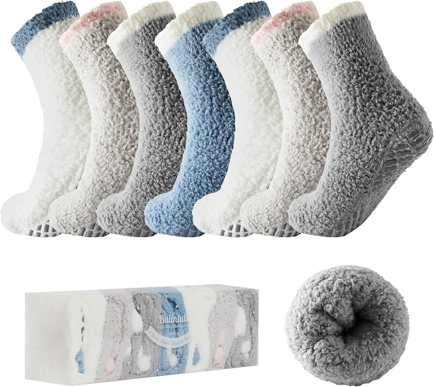 Bulinlulu Fuzzy Socks with Grips Plush Sleep Cozy Winter Soft Hospital Fluffy Socks for Womens Mens Gifts