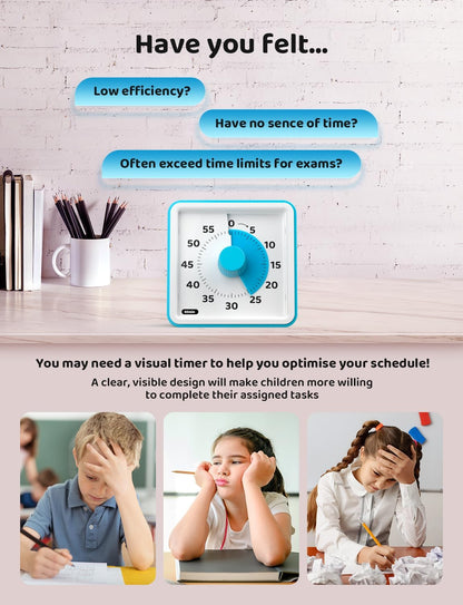LIORQUE Visual Timer for Kids, 60-Minute Countdown Timers for Classroom Office Kitchen with Silent Operation, Kids Timer for Teaching (Batteries Included)