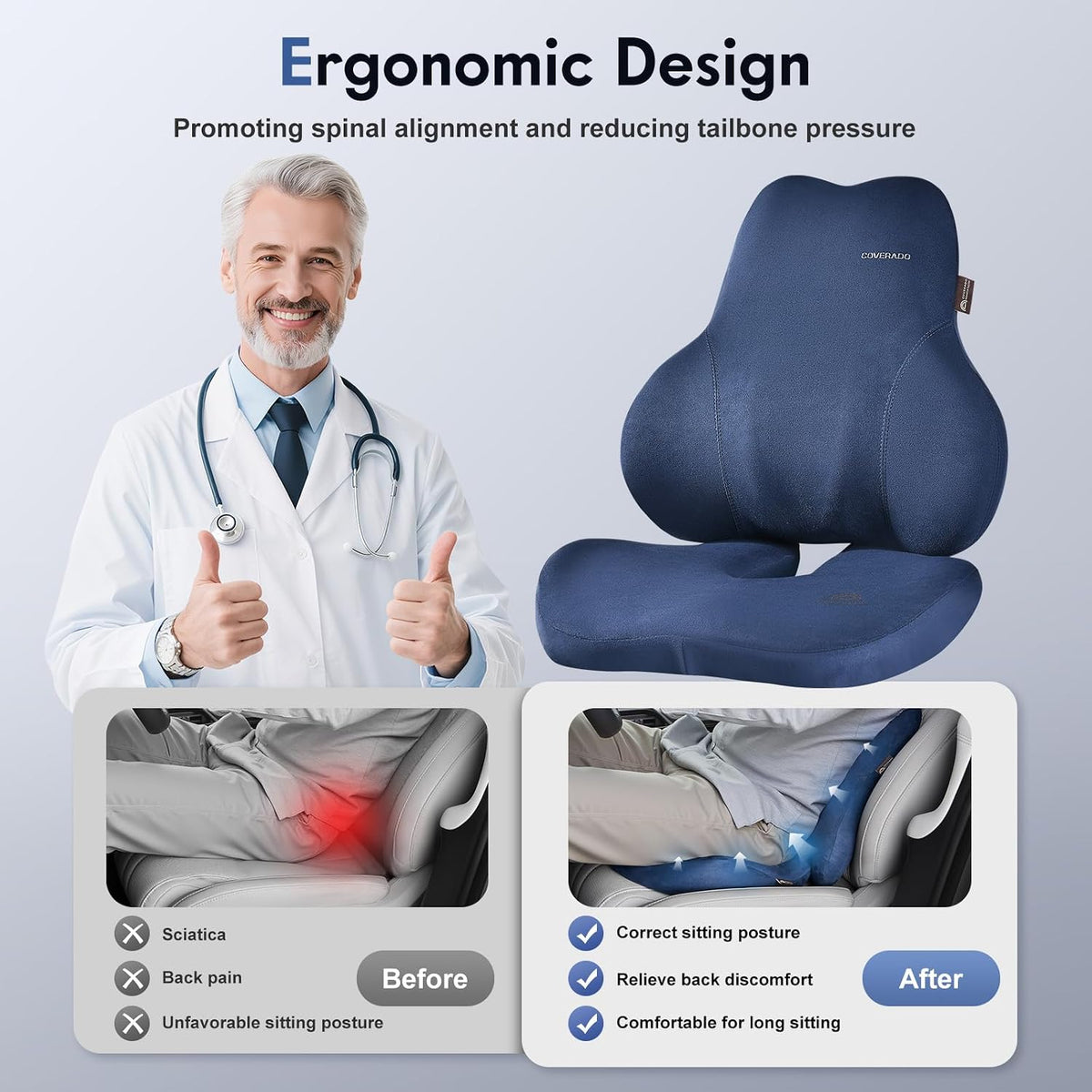 Coverado Car Lumbar Support Pillow and Car Neck Pillow Kit, Ergonomic Design Car Headrest Pillow for Driving, Relax Back Head Muscles Relieve Driving Fatigue, Breathable & Removable Cover, Gray