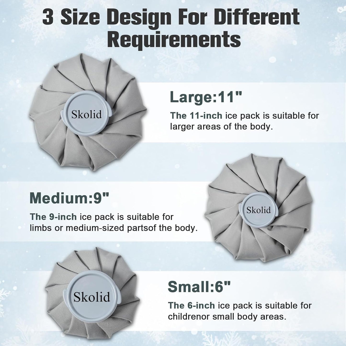 Ice Packs for Injuries Reusable, 6" 9" 11" Leakproof Ice Bags, Thickened Cold Pack Hot Therapy for Pain Relief, Swelling, Knee, Shoulder, Post-Surgery (3, Gray, 6"/9"/11")