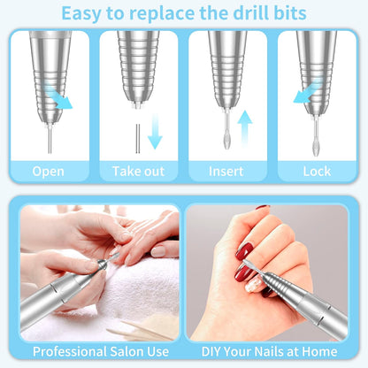 MOCOWIND Portable Nail Drill Professional 35000 RPM, Rechargeable Electric Nail File Machine Cordless E-File for Acrylic Gel Polishing Removing with Bits Kit for Manicure Salon Home, Pink