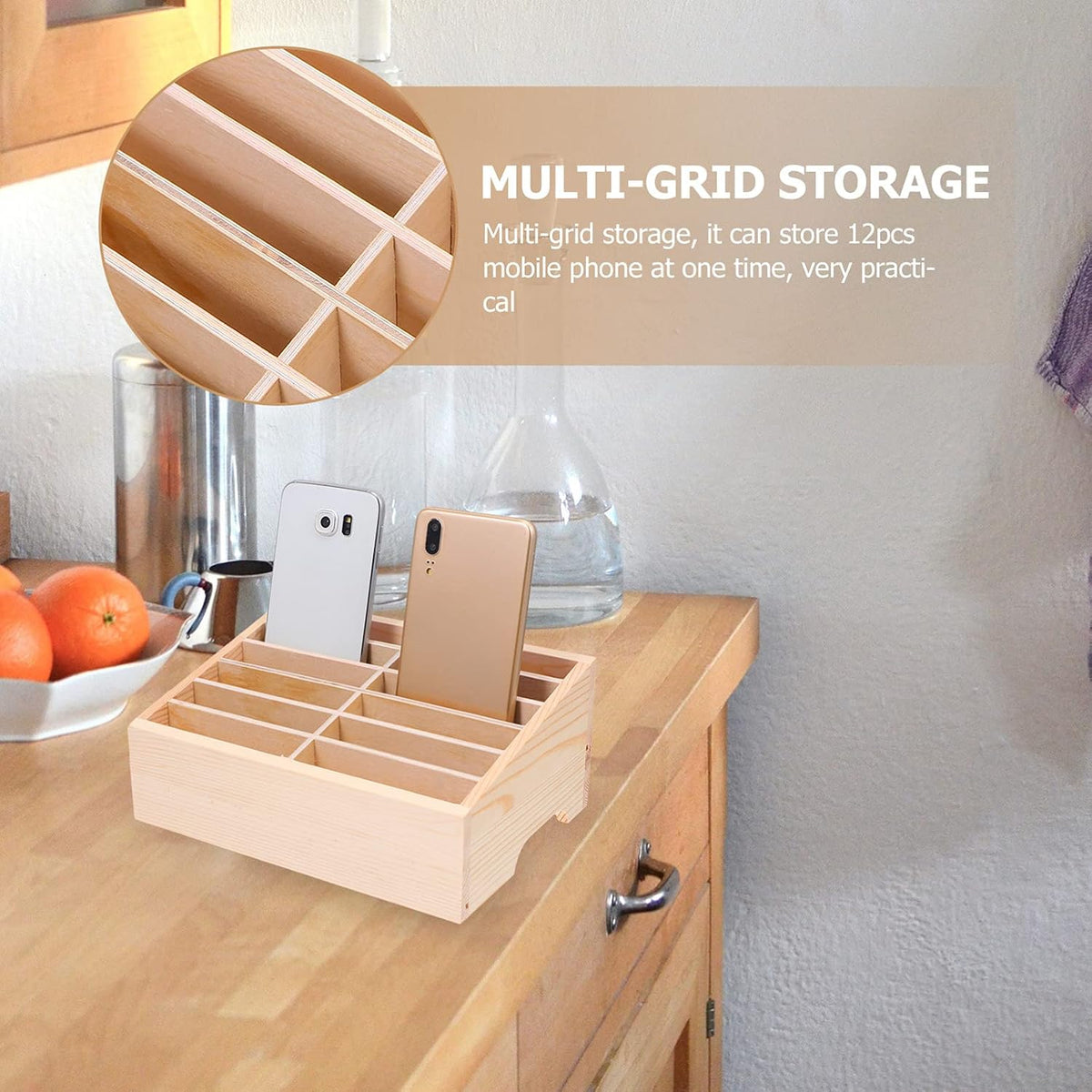 SEWACC Wooden Cell Phone Storage Box Holder Desktop Organizer 12 Grids Office Classroom Home Mobile Phone Storage Box