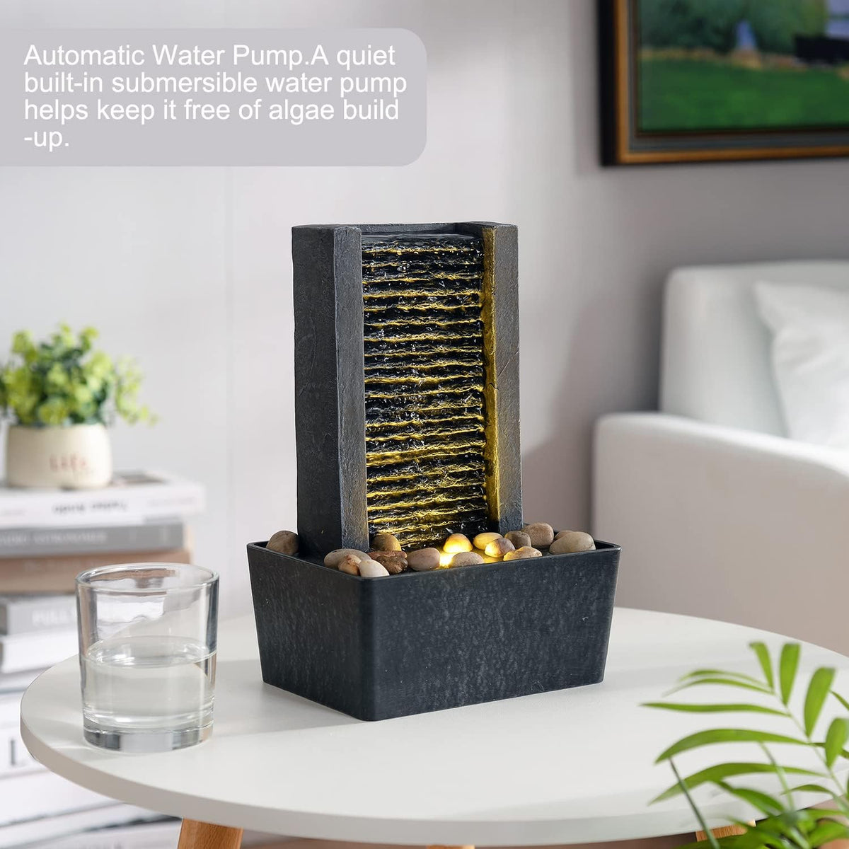 Haobos Modern Tabletop Water Fountain, Minimalist Indoor Waterfall with Warm LED Light & River Rocks, Soothing Zen Desk Fountain for Office, Bedroom, Spa, Relaxation Desk Decor Gift