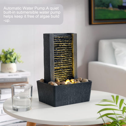 Haobos Modern Tabletop Water Fountain, Minimalist Indoor Waterfall with Warm LED Light & River Rocks, Soothing Zen Desk Fountain for Office, Bedroom, Spa, Relaxation Desk Decor Gift