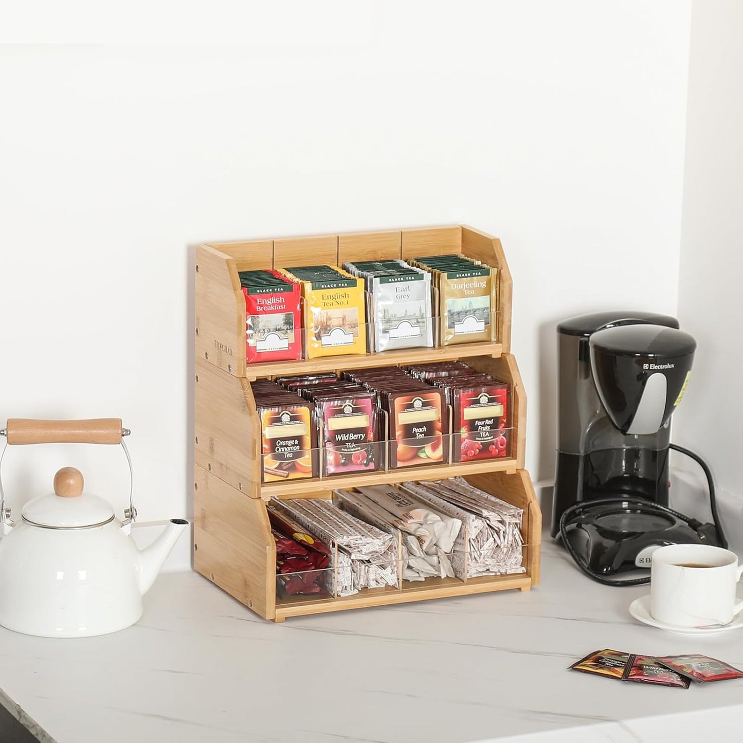 TIOPGHAD 2-Layer Stackable Bamboo Tea Bag Organizer Storage Holder & Rack - Wooden Tea Box Containers - Stand for Countertop or Cabinet