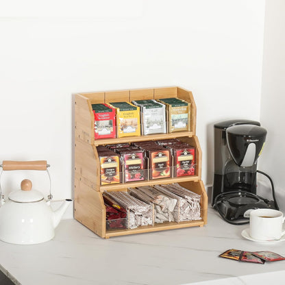 TIOPGHAD 2-Layer Stackable Bamboo Tea Bag Organizer Storage Holder & Rack - Wooden Tea Box Containers - Stand for Countertop or Cabinet