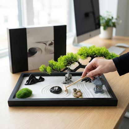 Zen Garden for Desk,Mini Oriental Antique Stone Sculpture Sand Tray, Desktop Zen Garden Kit for Adults, Meditation & Zen Decor, Unique Stress Relief Gift.