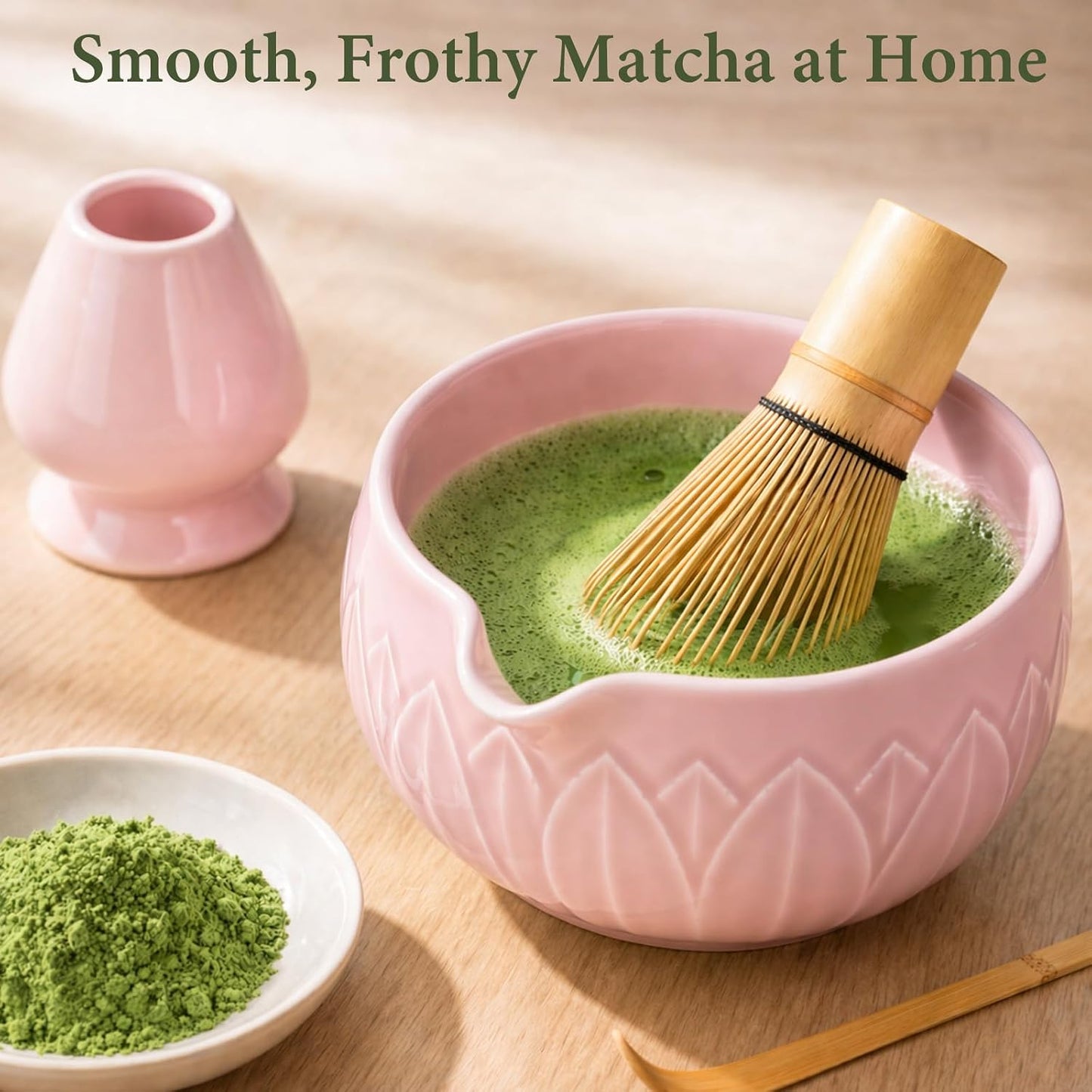 Matcha Whisk Set, Ceramic Matcha Set Includes Bowl & Holder, Bamboo Whisk (Chasen), Scoop, Spoon and Sifter, 6PCS Matcha Kit Covers Everything Needed for Making Matcha (Green)