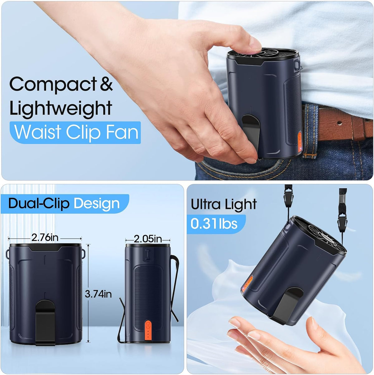 Heelkl 2026 AI Portable Fan Rechargeable, 4-Speed Strong Airflow, Personal Waist Fan with up to 25H of Working Time, Hands-Free Hanging Neck Fan, Wearable Belt Fan for Camping, Outdoor, Jobsite