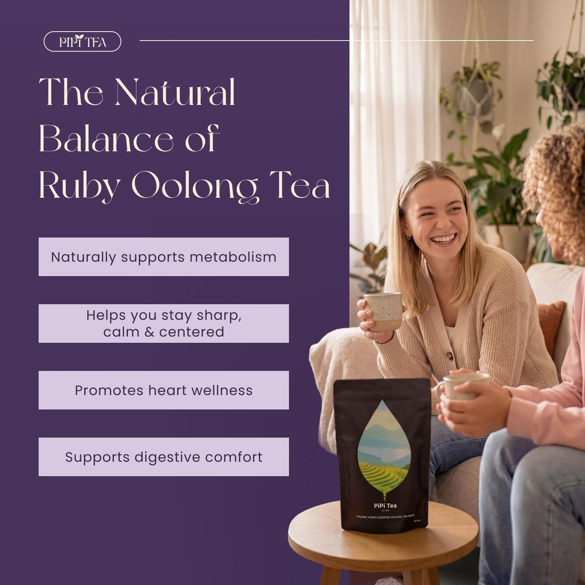 PiPi Tea Organic Oolong Tea Bags – Whole Leaf, 20 Bags (4g Each) – Cortisol & Calming Tea for Anxiety, Stress, Weight Loss – Bulk Loose Leaf Oolong Tea