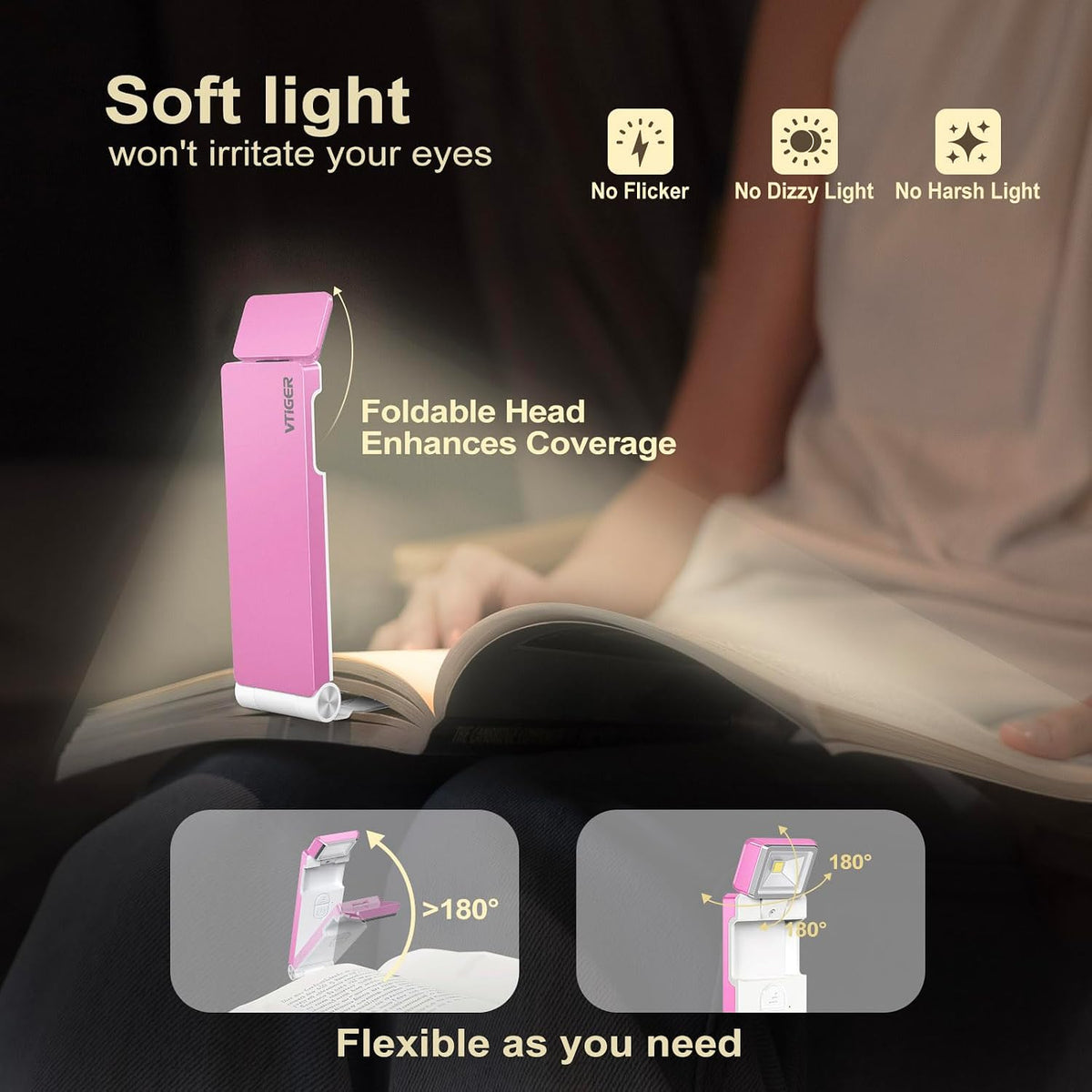 VTIGER Reading Light, USB Rechargeable Book Light for Reading in Bed,Foldable Clip-on LED Booklight, 3 Amber Colors & 4 Brightness Dimmable,Long Lasting Portable Bookmark Lamp for Book Lovers, Kids