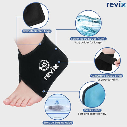 REVIX Ankle Ice Pack Wrap for Plantar Fasciitis with 45-Min Long Lasting Cold, Reusable Foot Ice Pack with Ice Grid Design, Cold Compress Therapy for Achilles Tendonitis, Swelling & Sprained Ankle