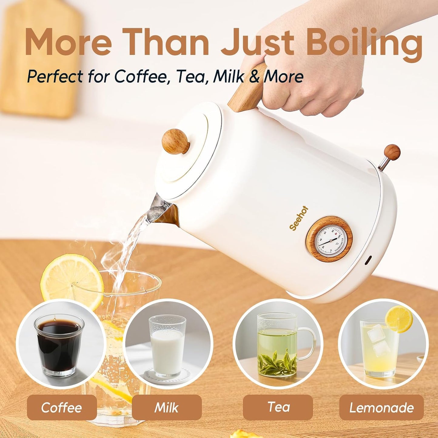 Seehot® Electric Kettle With Thermometer, 1.7L Electric Tea Kettle, 1200W Hot Water Kettle Electric, Auto Shutoff, Boil-Dry Protection, 304 Stainless Steel, Cordless Base, Black