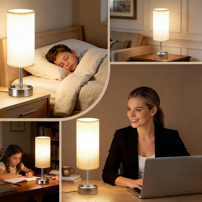 MOICO Bedside Table Lamp for Bedroom, 3-Way Dimmable Nightstand Lamp with USB C, USB A Ports & AC Outlet, Small Table Lamp Fabric Shade for Living Room Dorm Office, LED Bulb Included (14in Wood Grain)