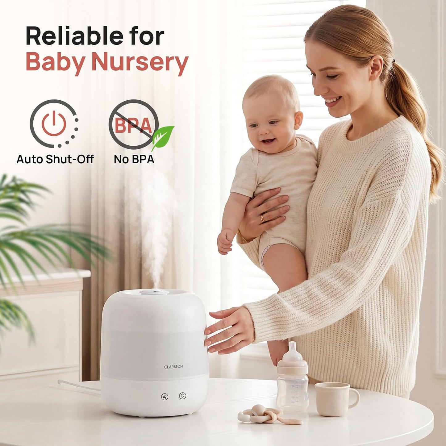Clarston 2L Cool Mist Humidifier for Bedroom with 360° Adjustable Nozzle, High and Low Mist Levels, Ultra-Low Noise, Light-Off, No BPA, Auto Shut Off, Ideal Baby Humidifier with Easy Top Filling